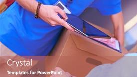  Presentation with courier - Amazing PPT layouts having smiling-delivery-man-in-blue backdrop and a coral colored foreground