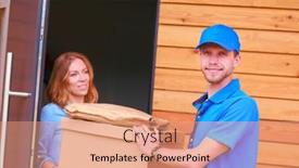  Presentation with courier - Slide deck consisting of smiling-delivery-man-in-blue background and a coral colored foreground