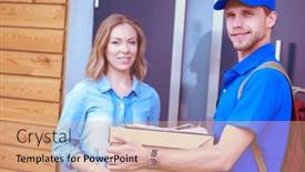  Presentation with courier - PPT layouts consisting of smiling-delivery-man-in-blue background and a coral colored foreground