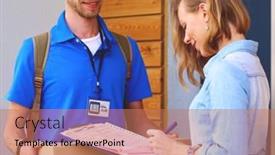  Presentation with courier - PPT layouts featuring smiling-delivery-man-in-blue background and a coral colored foreground