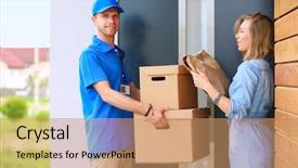  Presentation with techniques of improving health service delivery - Slide deck featuring smiling delivery man in blue background and a  colored foreground