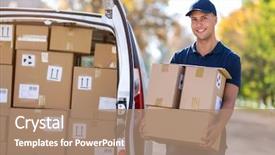  Presentation with delivery van - PPT layouts having smiling delivery man standing background and a coral colored foreground