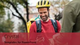  Presentation with food service - Beautiful theme featuring smiling-delivery-man-using-smartphone backdrop and a red colored foreground