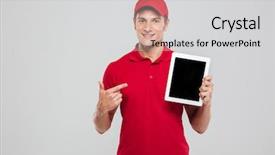  Presentation with studio - Audience pleasing PPT layouts consisting of smiling delivery man with tablet backdrop and a light gray colored foreground