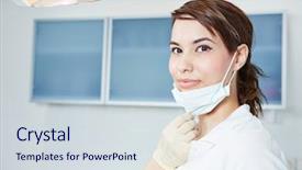  Presentation with dental assistant - Cool new PPT layouts with smiling dental assistant with mouthguard backdrop and a sky blue colored foreground