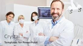  Presentation with team training - PPT theme having smiling-dentist-with-team background and a lemonade colored foreground