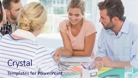  Presentation with design team - Audience pleasing slide deck consisting of smiling design team going over contact sheets at a meeting in creative office backdrop and a sky blue colored foreground