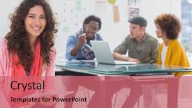  Presentation with design work - Cool new PPT layouts with smiling designer using tablet backdrop and a coral colored foreground