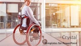  Presentation with wheelchair - Amazing slide deck having smiling-disabled-businesswoman-in-wheelchair backdrop and a coral colored foreground