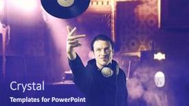  Presentation with play - Presentation design enhanced with smiling-disc-jockey-throwing background and a navy blue colored foreground