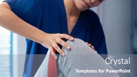  Presentation with medical therapy - PPT layouts having smiling-diverse-female-physiotherapist-treating background and a gray colored foreground