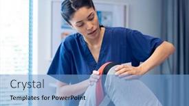  Presentation with medical therapy - PPT layouts having smiling-diverse-female-physiotherapist-treating background and a light blue colored foreground
