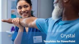 Presentation with diverse medical - Slide set enhanced with smiling-diverse-female-physiotherapist-treating background and a teal colored foreground