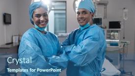  Presentation with face masks - PPT theme consisting of smiling-diverse-male-female-surgeons background and a ocean colored foreground