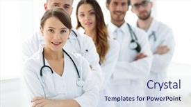  Presentation with pediatrician - Presentation theme having smiling doctor - woman-pediatrician on the background background and a sky blue colored foreground