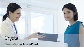  Presentation with doctor patient relations - Slide set with smiling doctor and patient standing background and a light blue colored foreground