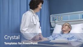  Presentation with hospital bed - Beautiful slide set featuring smiling doctor checking up on patient lying down in hospital bed backdrop and a ocean colored foreground
