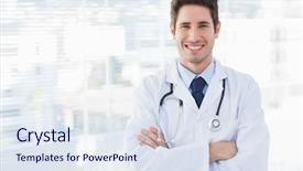  Presentation with red cross medical - Presentation theme enhanced with smiling doctor crossed his arms background and a sky blue colored foreground