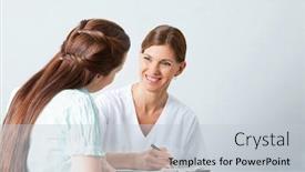  Presentation with questionnaire - PPT layouts with smiling-doctor-fills-out-questionnaire background and a light gray colored foreground