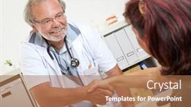  Presentation with elderly patient nurse cares - Slide set enhanced with smiling-doctor-greets-an-elderly background and a coral colored foreground