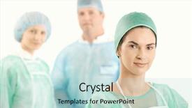  Presentation with scrubs - PPT layouts consisting of smiling doctor in scrubs with medical crew in background background and a light blue colored foreground