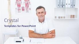  Presentation with desk - Presentation design consisting of smiling doctor looking at camera at his desk in clinic background and a sky blue colored foreground