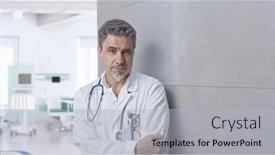  Presentation with hospital - Beautiful PPT theme featuring smiling-doctor-on-hospital-corridor backdrop and a light gray colored foreground