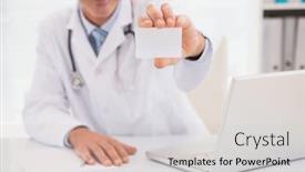  Presentation with medical smiling doctor - Beautiful presentation theme featuring smiling doctor showing a blank in medical office backdrop and a light gray colored foreground