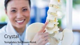  Presentation with spine - Presentation theme featuring smiling doctor showing anatomical spine in medical office background and a light blue colored foreground