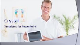  Presentation with medical laptop - PPT theme consisting of smiling doctor showing laptop pc in medical office background and a sky blue colored foreground