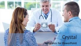  Presentation with medical ultrasound - Presentation design with smiling doctor showing ultrasound scan to the couple in medical office background and a teal colored foreground