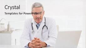  Presentation with medical desk - PPT layouts consisting of smiling doctor sitting at his desk in medical office background and a light gray colored foreground