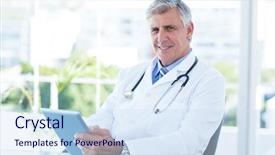  Presentation with medical desk - Slides enhanced with smiling doctor sitting at his desk and holding tablet in medical office background and a sky blue colored foreground