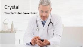  Presentation with doctor and patient medical consultation - Theme with smiling doctor touching his phone background and a  colored foreground