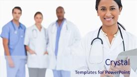  Presentation with members - Amazing PPT layouts having smiling doctor with clipboard and members of staff behind her against a white background backdrop and a sky blue colored foreground
