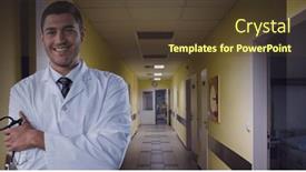  Presentation with medical smiling doctor - PPT layouts having smiling-doctor-with-hospital-hallway background and a tawny brown colored foreground