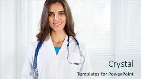  Presentation with copy space leadership - PPT theme with smiling doctor woman with copy background and a sky blue colored foreground