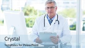  Presentation with medical smiling doctor - Slide deck featuring smiling doctor working on computer background and a light blue colored foreground