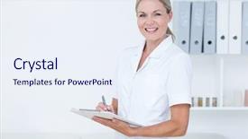  Presentation with medical clipboard - Colorful presentation theme enhanced with smiling doctor writing on clipboard in medical office backdrop and a sky blue colored foreground