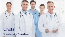  Presentation with work - Presentation theme consisting of smiling doctors all standing together background and a sky blue colored foreground