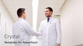  Presentation with handshake - Amazing presentation design having smiling-doctors-at-hospital-doing backdrop and a light gray colored foreground