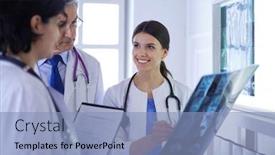  Presentation with diagnosis - Audience pleasing PPT theme consisting of smiling-doctors-discussing-patient-s backdrop and a light blue colored foreground