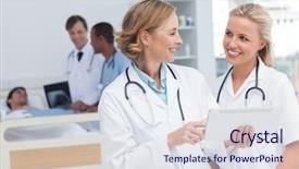  Presentation with doctor in hospital health insurance related icons healthcare person saving medical - Beautiful PPT layouts featuring smiling doctors talking to each backdrop and a sky blue colored foreground