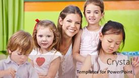  Presentation with children painting - Presentation design consisting of smiling-educator-and-happy-children background and a coral colored foreground