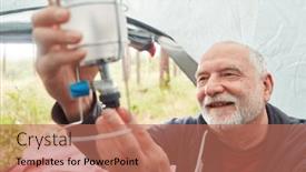  Presentation with tent - Slide set enhanced with smiling-elderly-man-examining-stove background and a coral colored foreground