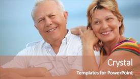  Presentation with veranda - Audience pleasing presentation theme consisting of smiling elderly married couple on veranda near seacoast backdrop and a coral colored foreground