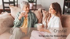  Presentation with living room family - Presentation design consisting of smiling-elderly-mother-and-adult background and a coral colored foreground