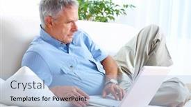  Presentation with elderly home - Presentation consisting of smiling elderly senior man with laptop at home background and a light blue colored foreground