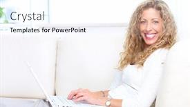  Presentation with elderly home - Slide set consisting of smiling elderly senior woman with laptop at home background and a white colored foreground