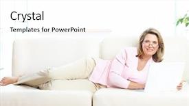  Presentation with elderly home - PPT theme having smiling elderly senior woman with laptop at home background and a white colored foreground